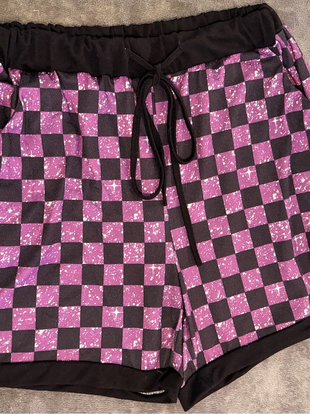 Black & Purple Checkerboard Drawstring Shorts